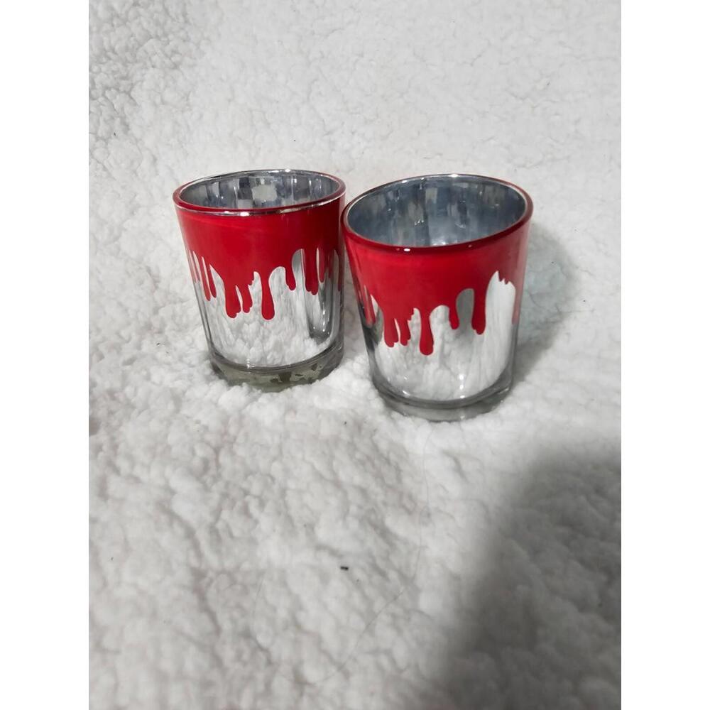 (Set of 2) Candle Holders Glass Mirror Bloody Halloween Glass 3.5" Silver & Red